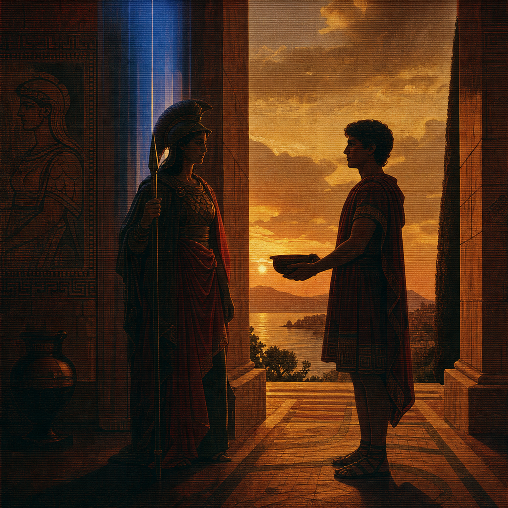 Book 1: Athena Visits Telemachus in Ithaca — Telemachus & Athena at the Threshold